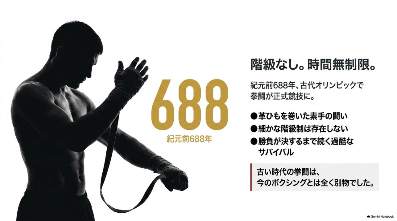 手と腕に革ひもを巻きつけるボクサーのモノクロ写真と「688」の数字、紀元前688年の古代オリンピックにおける拳闘の特徴を並べた解説図。