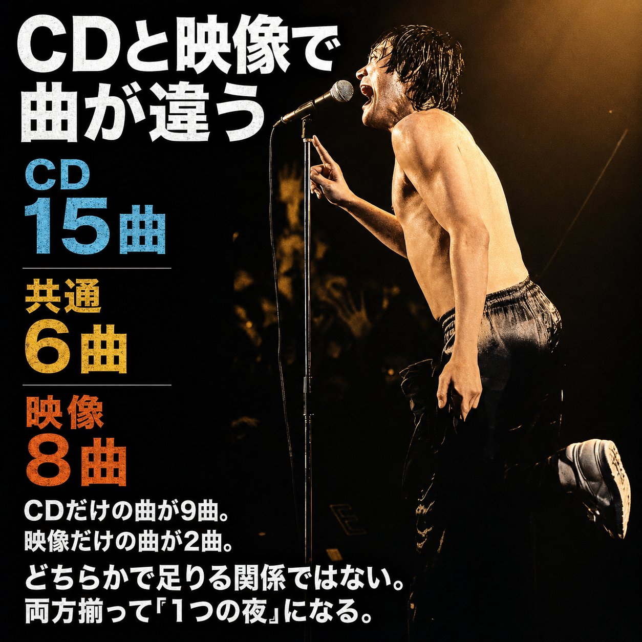 CDと映像の収録曲数の違いを示した解説画像。CDが15曲、共通が6曲、映像が8曲という数字と、両方揃って1つの夜になるという説明
