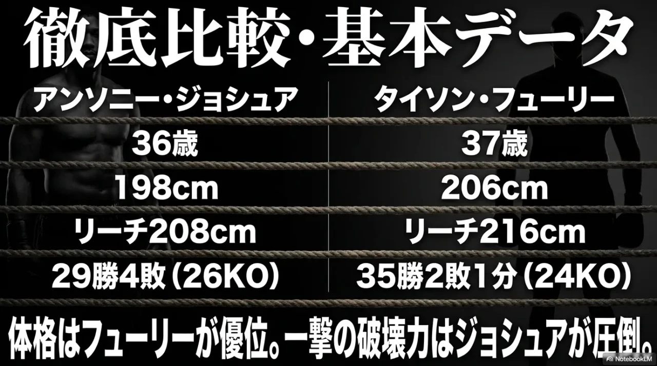 ジョシュアとフューリーの年齢や身長、リーチ、戦績を比較した画像