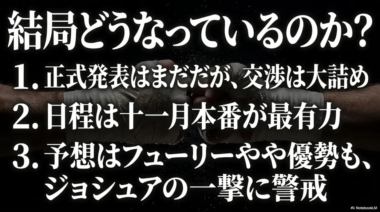 ジョシュア対フューリー戦の現状を3点で整理した要約画像