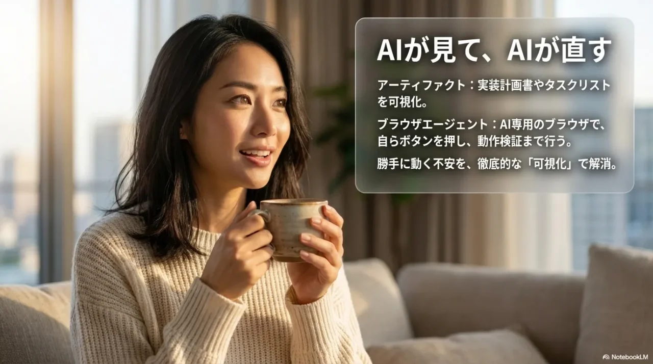 Artifactsで可視化し、Browser Agentが動作確認まで行う流れを示すスライド