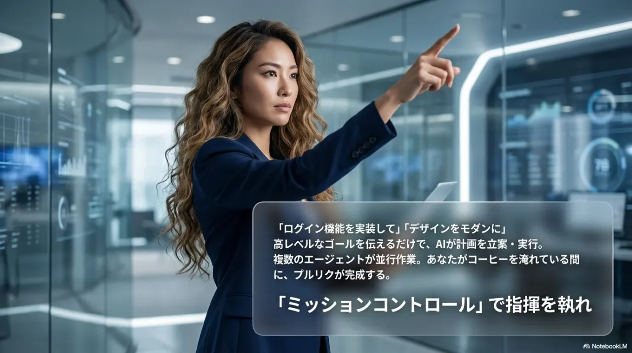 Mission Controlで高レベル指示を出し、AIに実装を進めさせるイメージスライド