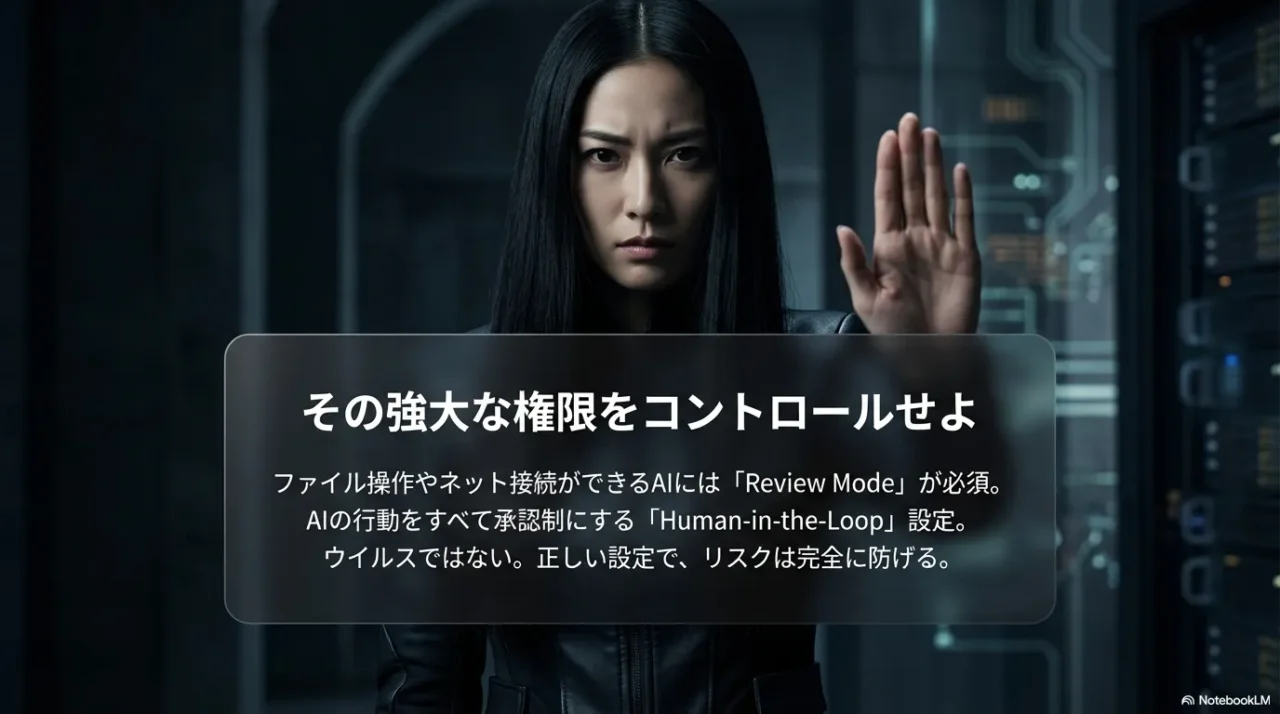 強い権限をReview（Human-in-the-Loop）で制御する重要性を示すスライド