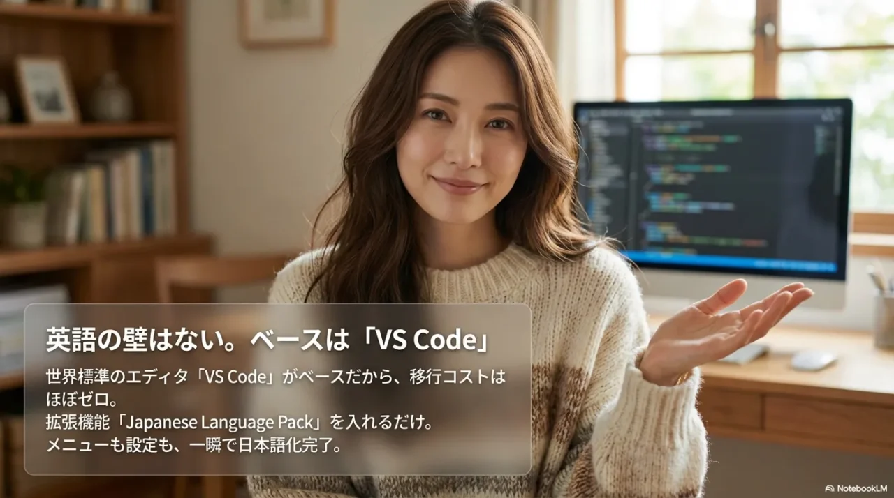 AntigravityはVS Codeベースで日本語化が簡単だと示すスライド