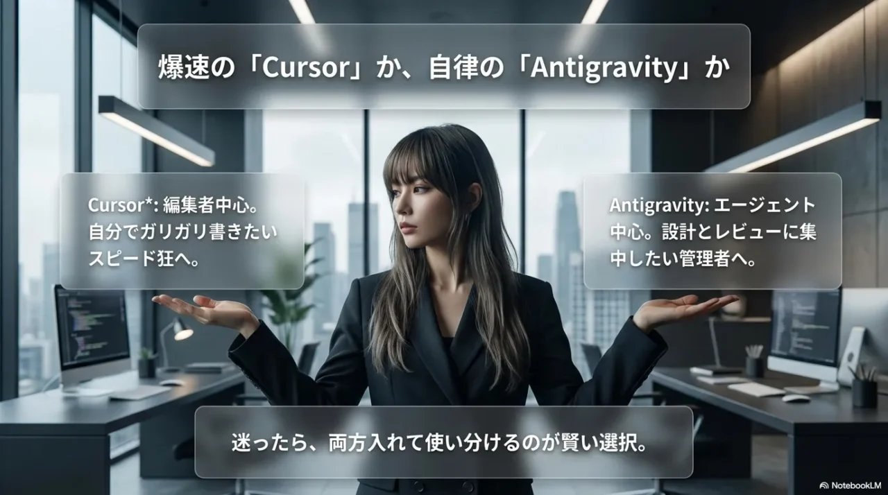 Cursorは爆速、Antigravityは自律代行という対比を示す比較スライド