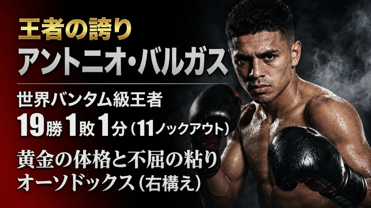 WBA世界バンタム級王者アントニオ・バルガスの19勝1敗1分、11KO、オーソドックスの特徴をまとめた画像