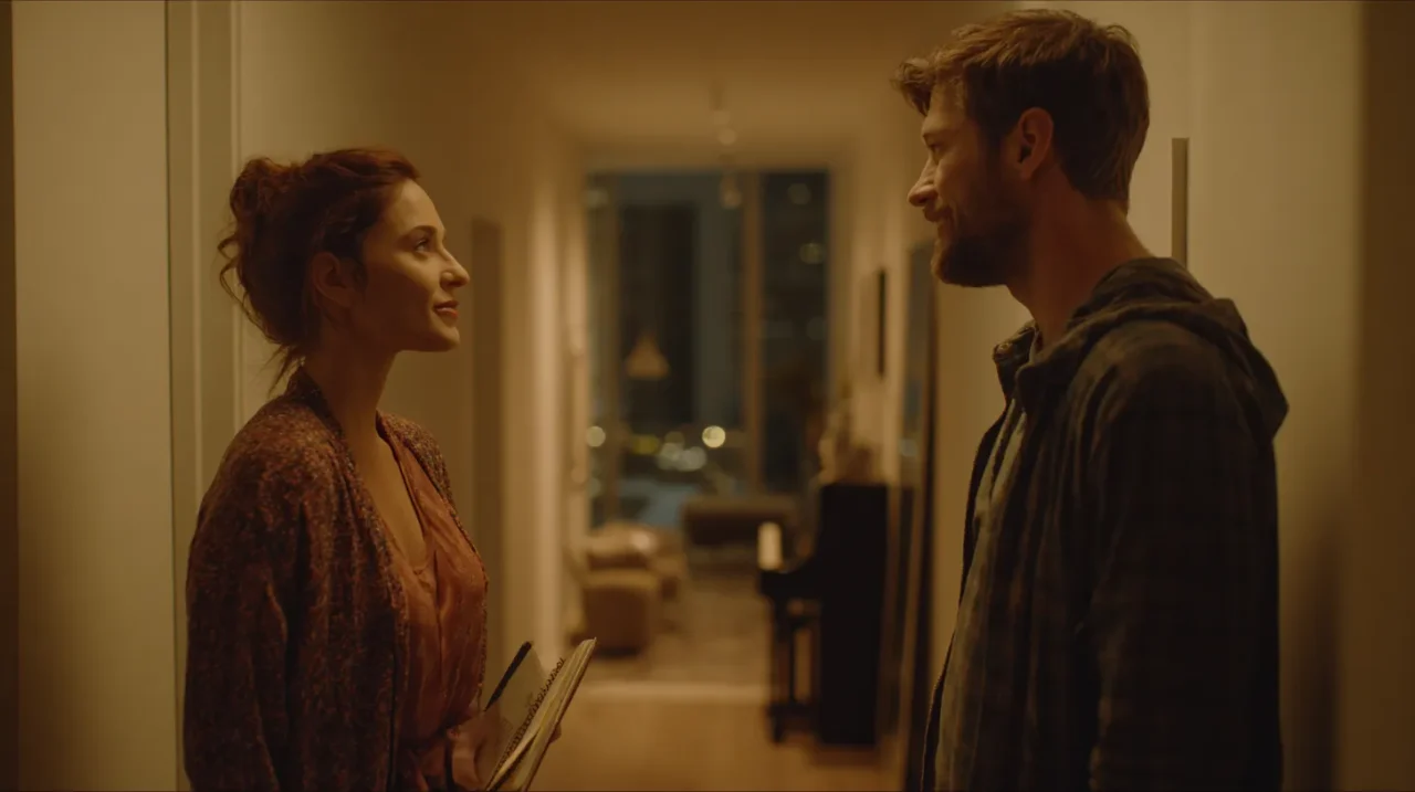 マンションの廊下で、騒音問題について落ち着いて話し合う男女の住民が向かい合って立っている様子。