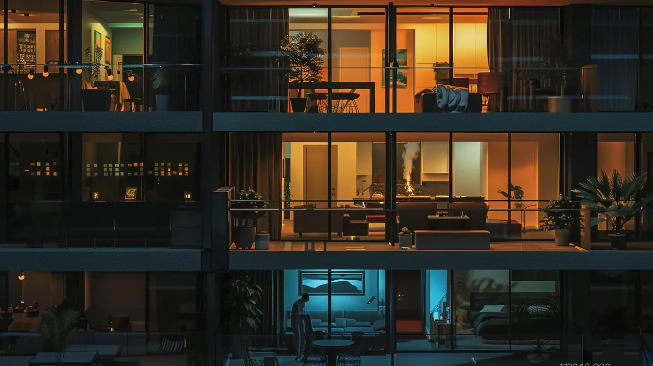 夜のマンションで、複数の部屋の明かりが灯る中、下階の部屋では住人が疲れた様子で立っている様子が描かれ、上階では生活音が発生している様子が示されたイラスト。騒音トラブルの構図を表現している。