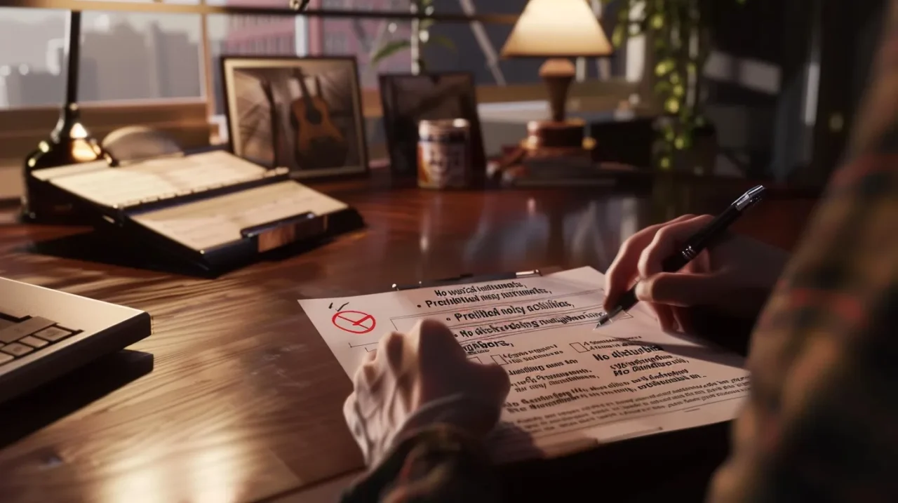 机の上で住人が賃貸契約書や管理規約を確認している様子を描いたイラスト。書類には楽器禁止や騒音に関する注意が強調され、背景にはギターの写真や書類が置かれた室内が見える。