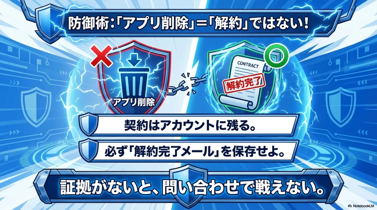 アプリを削除しても契約は解約されないことの注意喚起と証拠保存の重要性