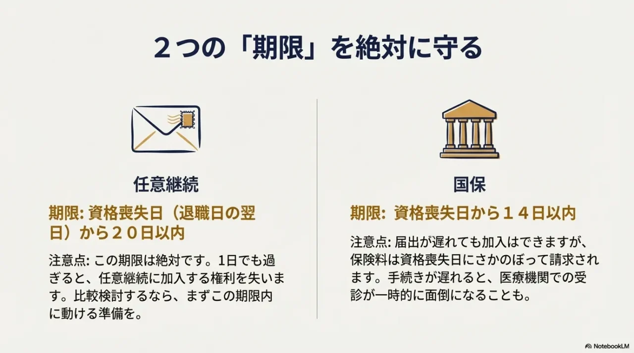 任意継続の20日以内（厳守）と国保の14日以内（遡及請求）の期限ルールの違いと注意点