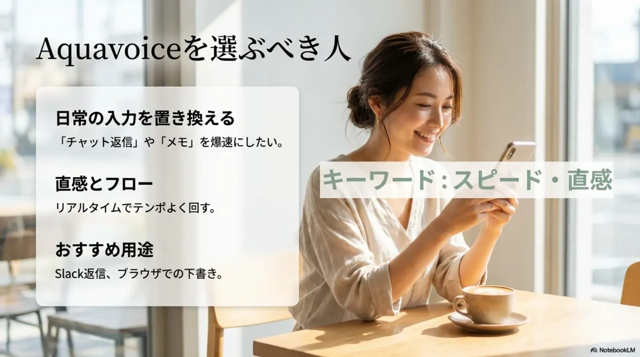 Slackの返信やブラウザでの下書きなど、リアルタイムで直感的に入力を爆速化したい人にAquavoiceを推奨する解説図。