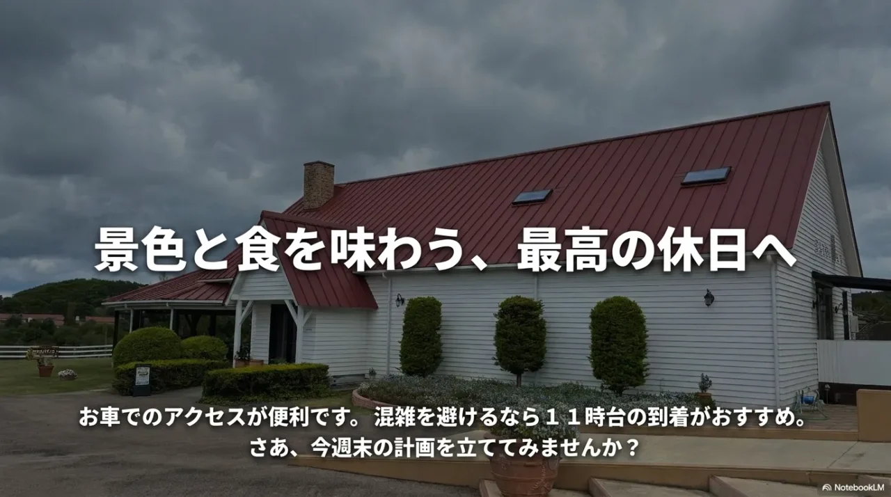 Ark館ヶ森の自然食レストランティルズ外観と景色を背景に週末ランチを提案する画像