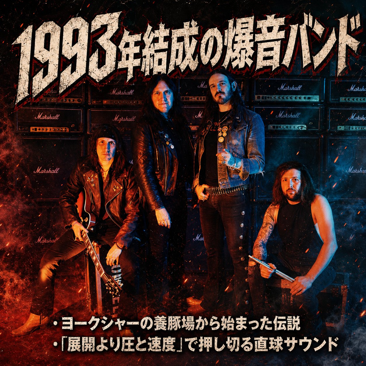 壁一面のMarshallアンプを背にASOMVELのメンバー4人が立つ画像。上部に「1993年結成の爆音バンド」、下部にヨークシャーの養豚場から始まった経緯と、圧と速度で押し切る直球サウンドを示す2行の解説が入る。