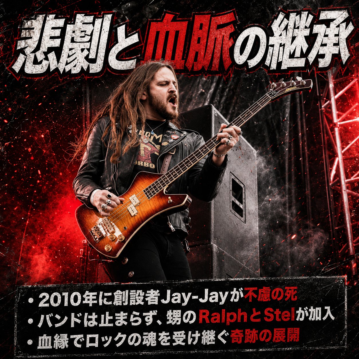 ベースを弾きながら叫ぶボーカリストのライブ画像。「悲劇と血脈の継承」という見出しと、2010年に創設者Jay-Jayが亡くなったこと、甥のRalphとStelが加入したことを示す3行の解説が入る。