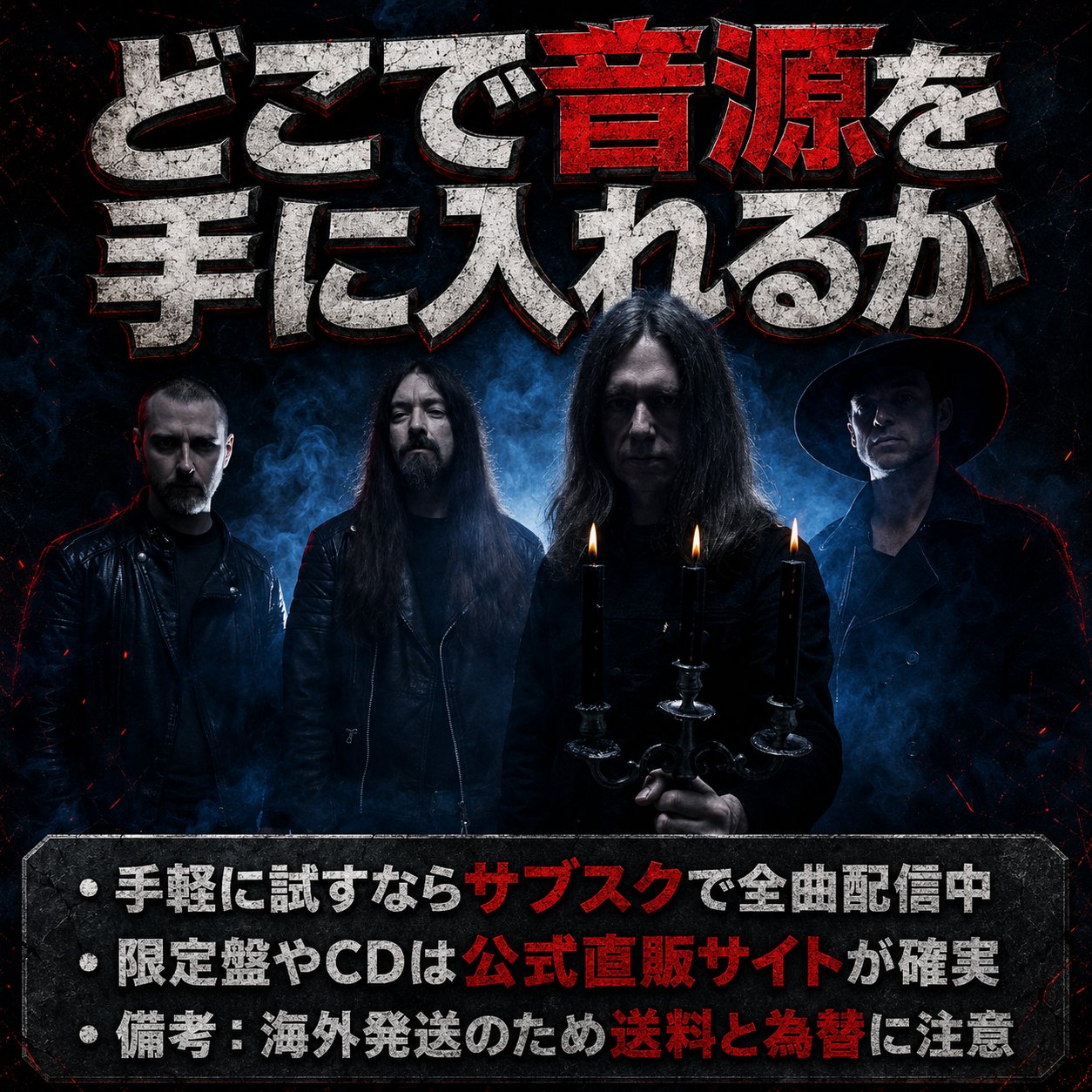 燭台を手にしたメンバー4人が霧の中に立つ画像。「どこで音源を手に入れるか」という見出しと、サブスクで試せること、限定盤やCDは公式直販が確実なこと、海外発送の送料と為替に注意すべきことが3行で示される。