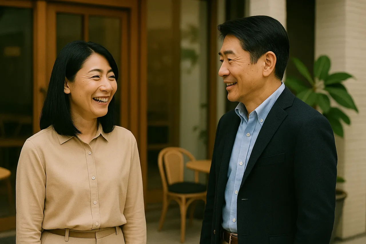 カフェ前で会話を交わす50代の日本人男女。笑顔の裏に潜むマッチングアプリのリスクを示唆するシーン