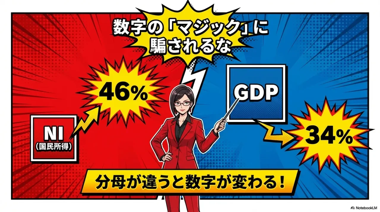 分母がNI（国民所得）だと46%、GDPだと34%になるという、分母の違いによる数字のマジックを解説する比較図