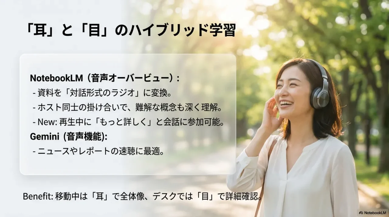 左側にNotebookLM（対話型・学習・ディープダイブ）、右側にGemini（単方向・情報摂取・ニュース要約）を配置し、それぞれの利用シーンを比較した図。