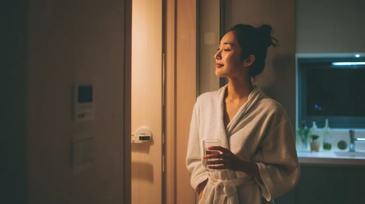 夜の自宅でバスローブ姿の女性が水を持って浴室前に立つ様子。飲酒後の風呂やサウナを控える判断を連想させる