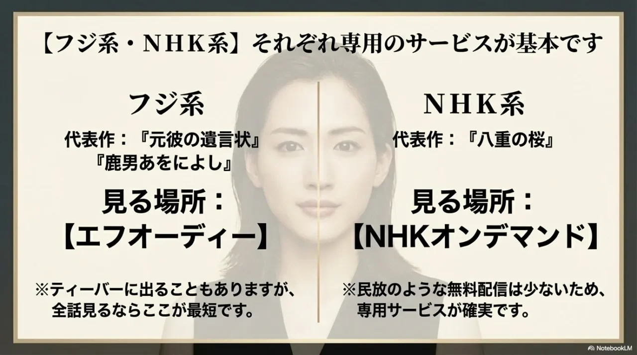 フジ系はFOD、NHK系はNHKオンデマンドが基本という配信先の違いを示す画像