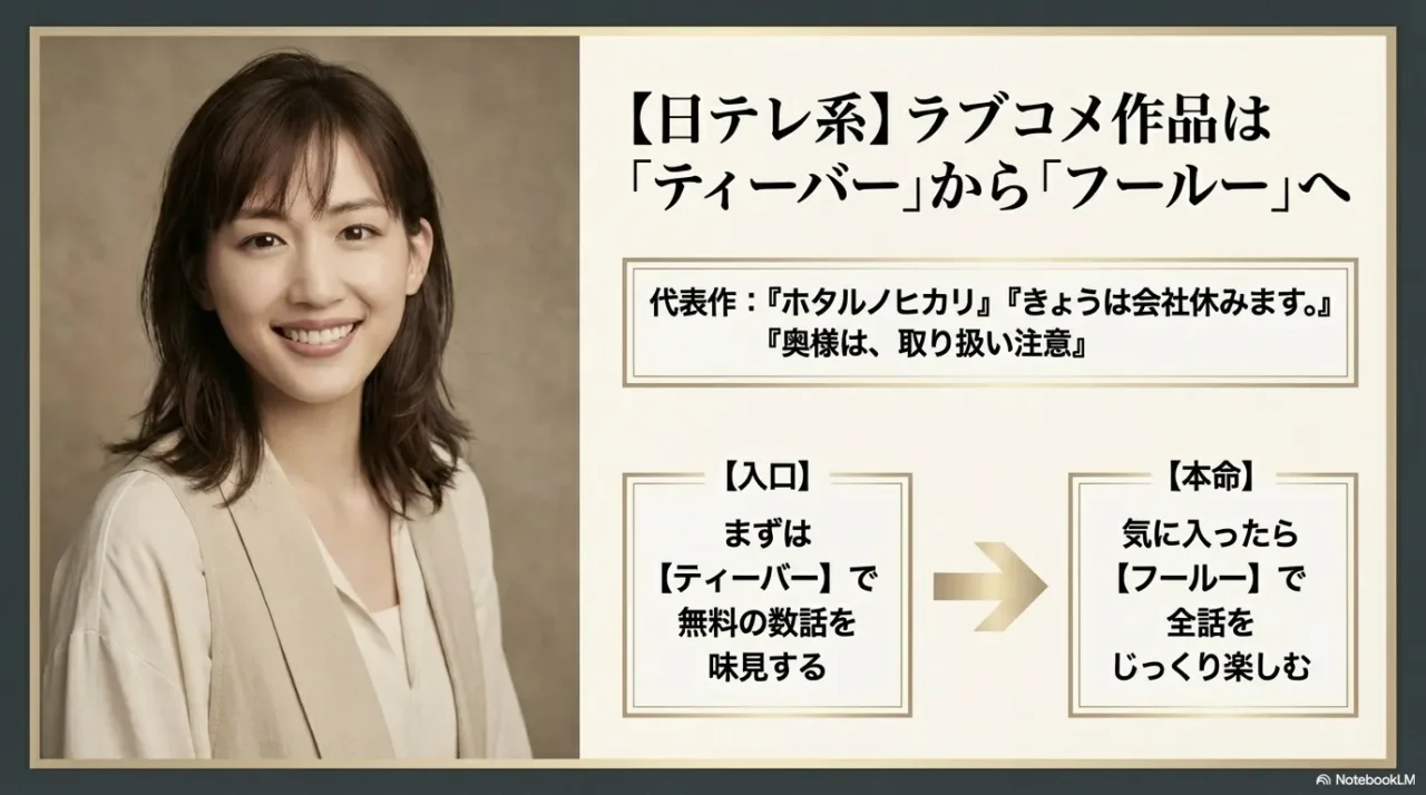 ホタルノヒカリやきょうは会社休みます。など日テレ系作品はTVerからHuluへ進む流れを示す画像