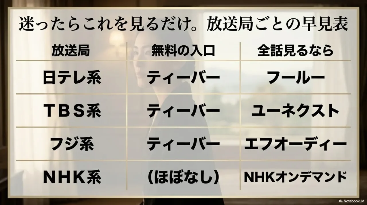 日テレ系、TBS系、フジ系、NHK系ごとの無料入口と本命サービスを一覧化した早見表画像