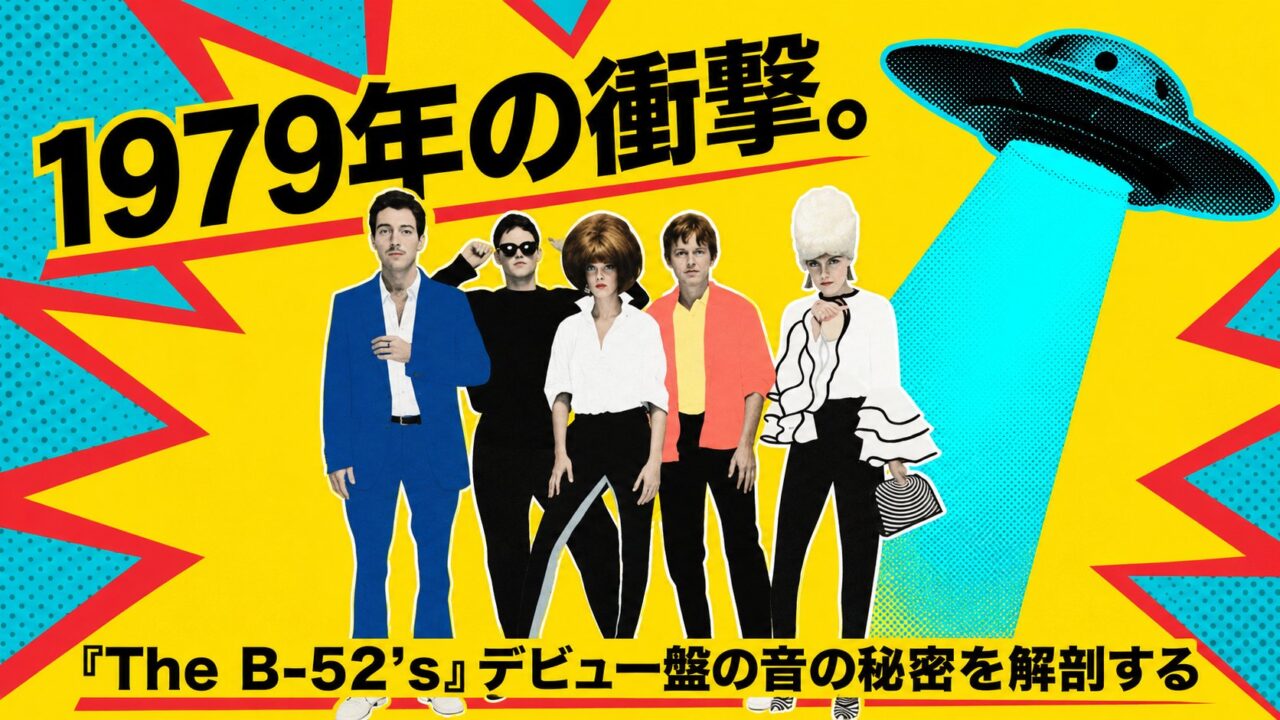 黄色いポップアート背景にThe B-52'sの5人とUFOを配置し、「1979年の衝撃」とデビュー盤の特徴を示す画像。
