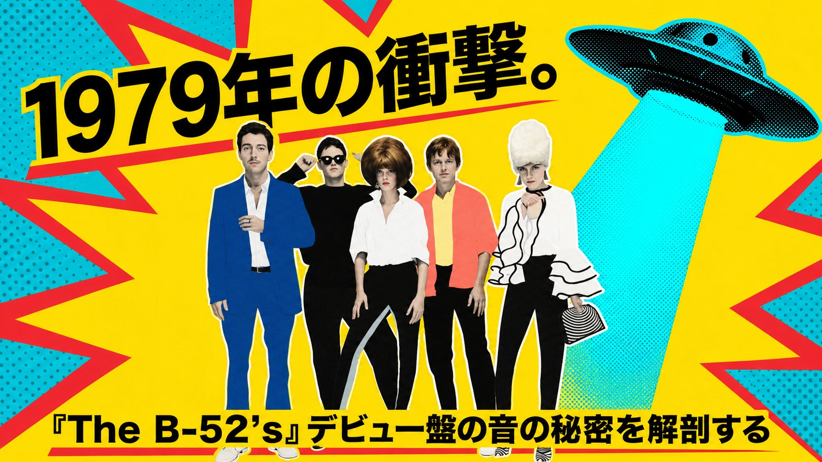 黄色いポップアート背景にThe B-52'sの5人とUFOを配置し、「1979年の衝撃」とデビュー盤の特徴を示す画像。
