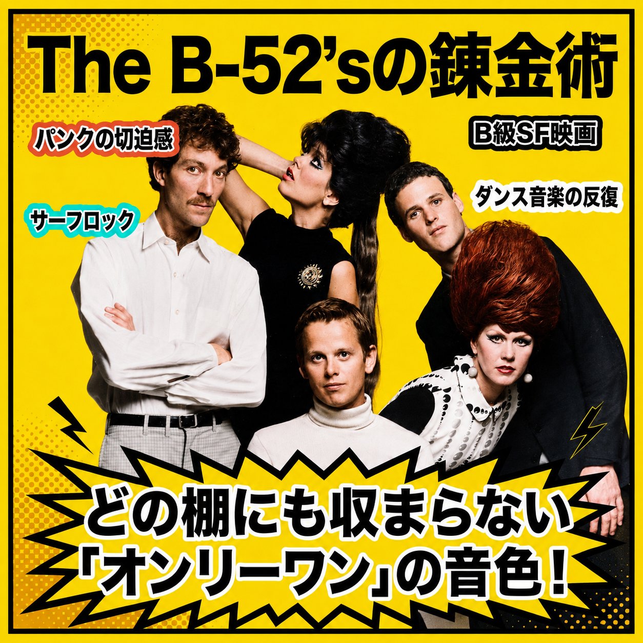 黄色い背景にThe B-52'sの5人を配置し、サーフロック、パンク、B級SF映画、ダンス音楽の反復を示す画像。