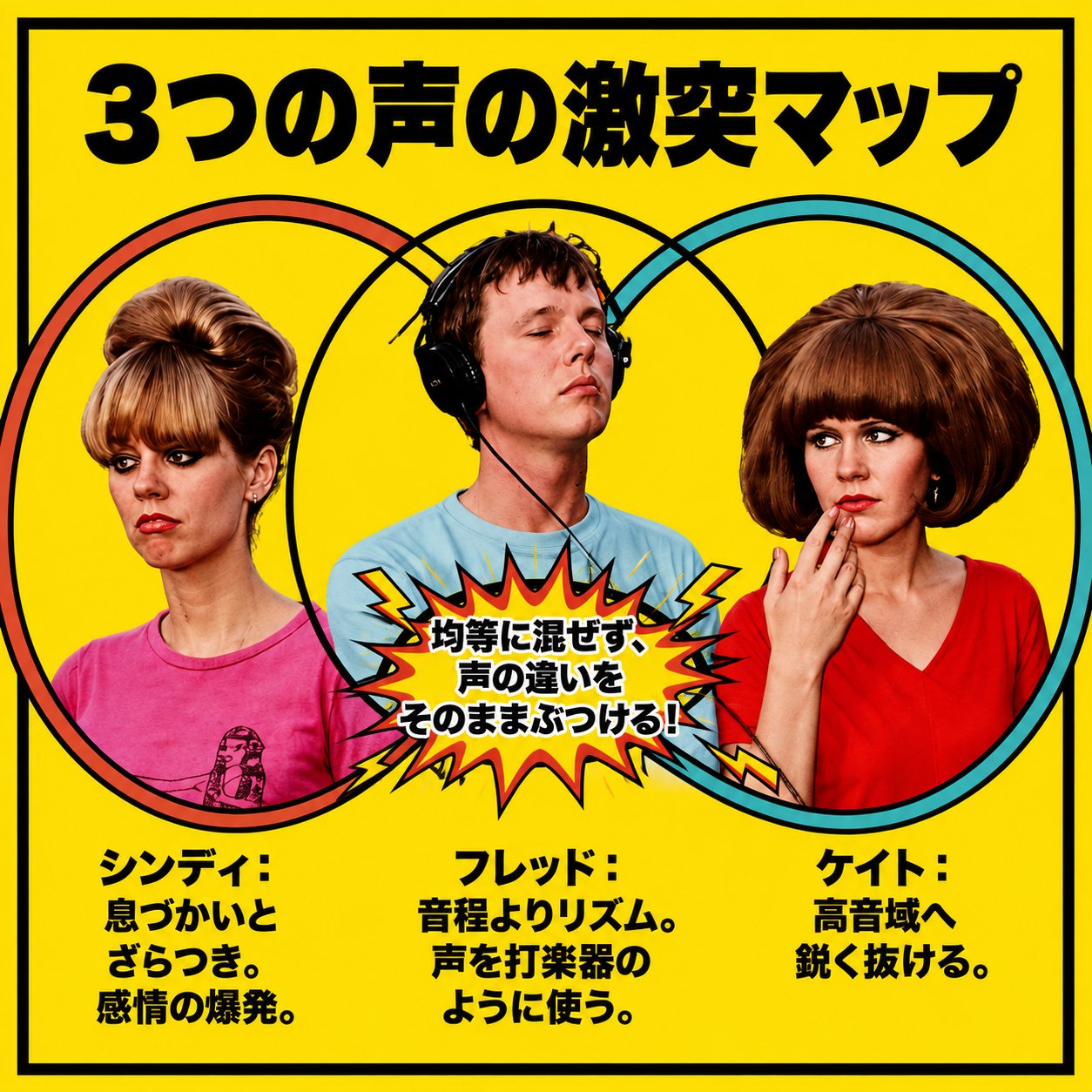 黄色い背景にシンディ、フレッド、ケイトの3人を並べ、それぞれの声質とボーカルの役割の違いを図解した画像。