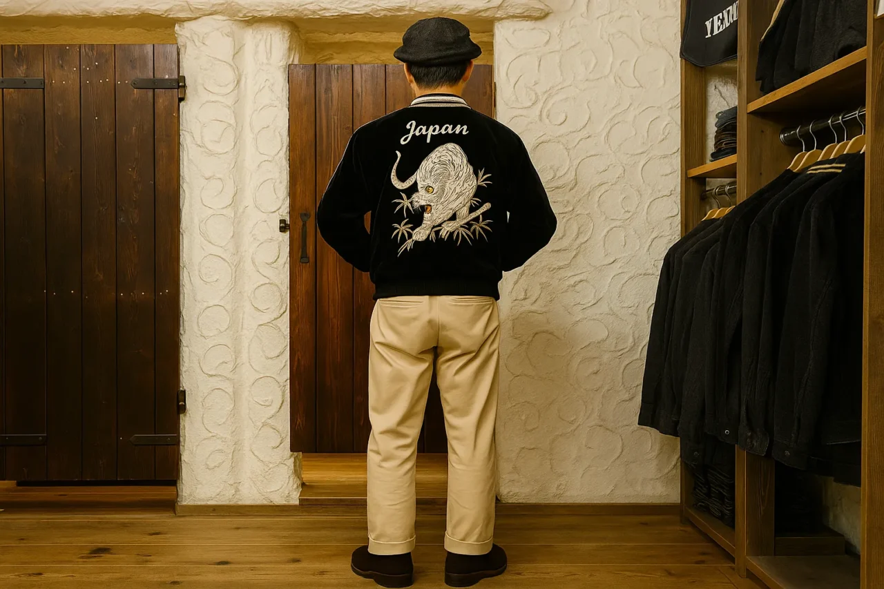 虎の刺繍が施された黒いスカジャンを着た男性が室内で後ろ姿を見せている様子