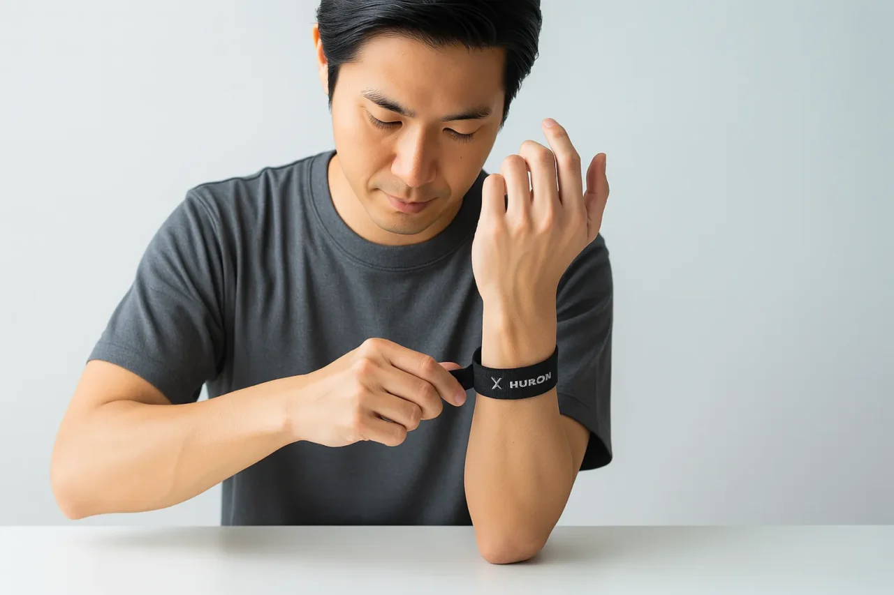 テーブルに座った男性が、左手首に黒いHURONのリストバンドを装着している様子。