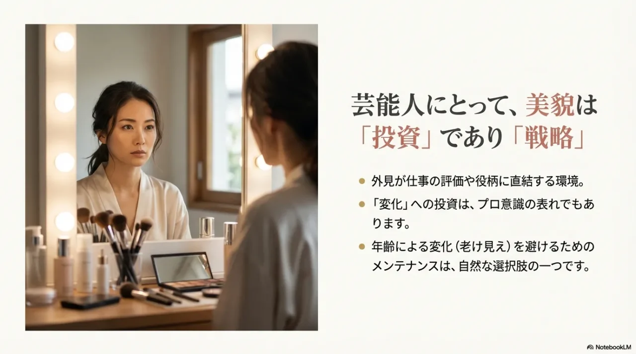 鏡の前の女性と「芸能人にとって、美貌は投資であり戦略」という見出し・要点が並ぶスライド