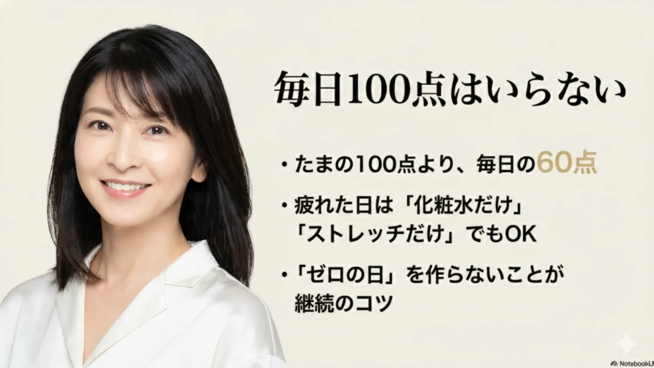 森高千里風の女性のリラックスした表情。たまの100点より毎日の60点を目指し、ゼロの日を作らない継続の極意。