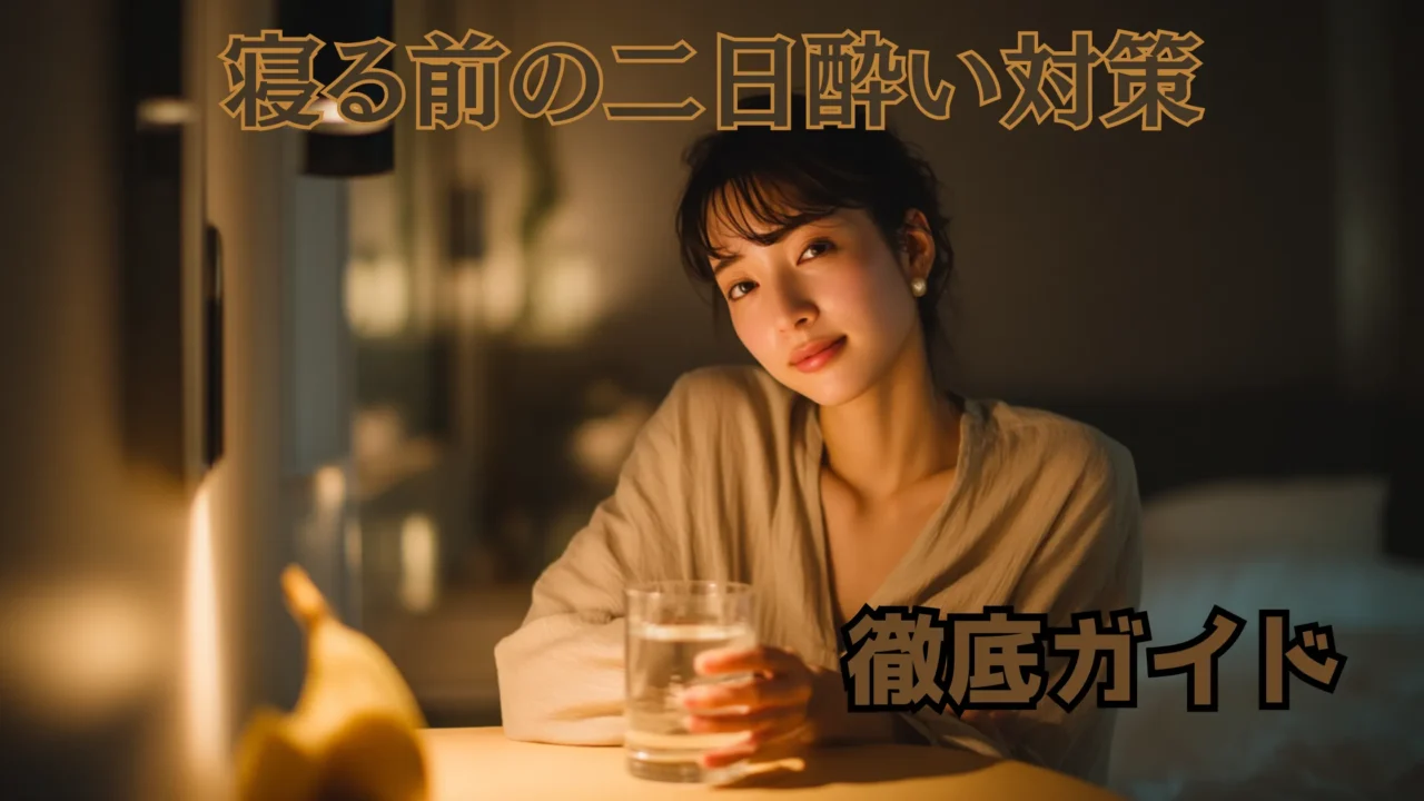 寝る前の二日酔い対策 徹底ガイドの文字が入った、夜の室内で水を持つ女性のアイキャッチ画像