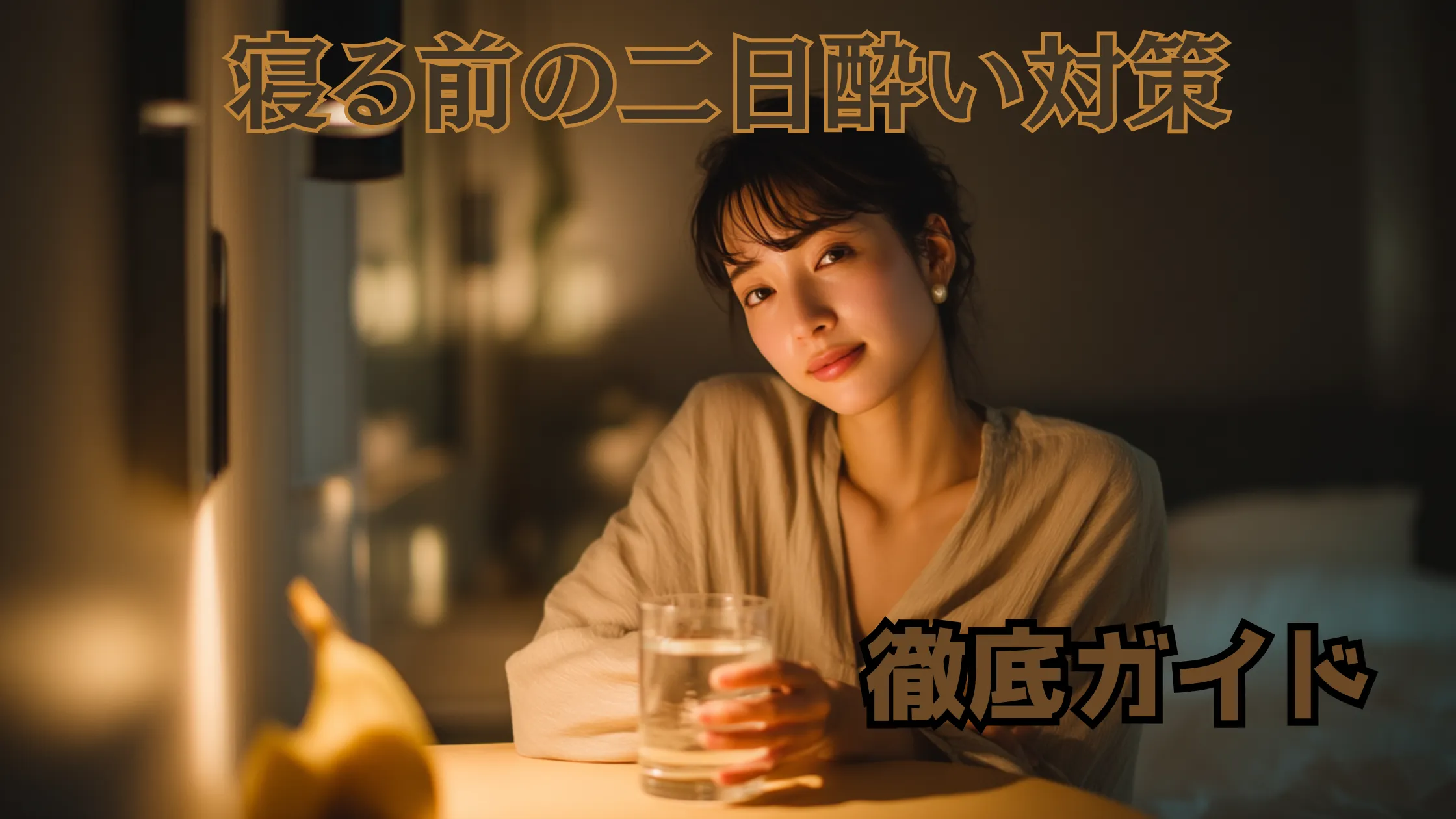 寝る前の二日酔い対策 徹底ガイドの文字が入った、夜の室内で水を持つ女性のアイキャッチ画像