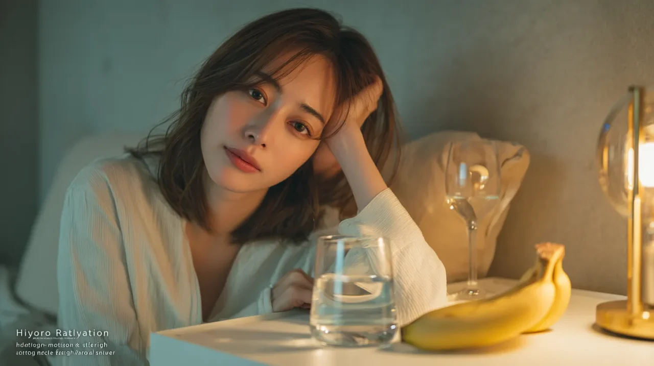 夜の室内で水の入ったグラスとバナナを前にくつろぐ女性。寝る前の水分補給と二日酔い対策を連想させる