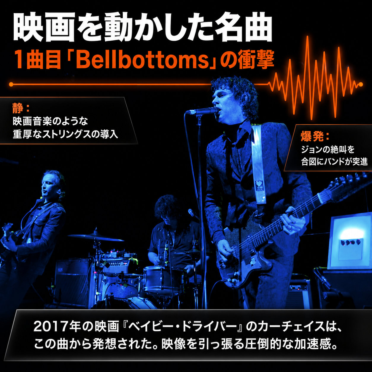 青い照明下で演奏する3人組ロックバンドと、Bellbottomsの静かな導入から爆発への展開を示した図解