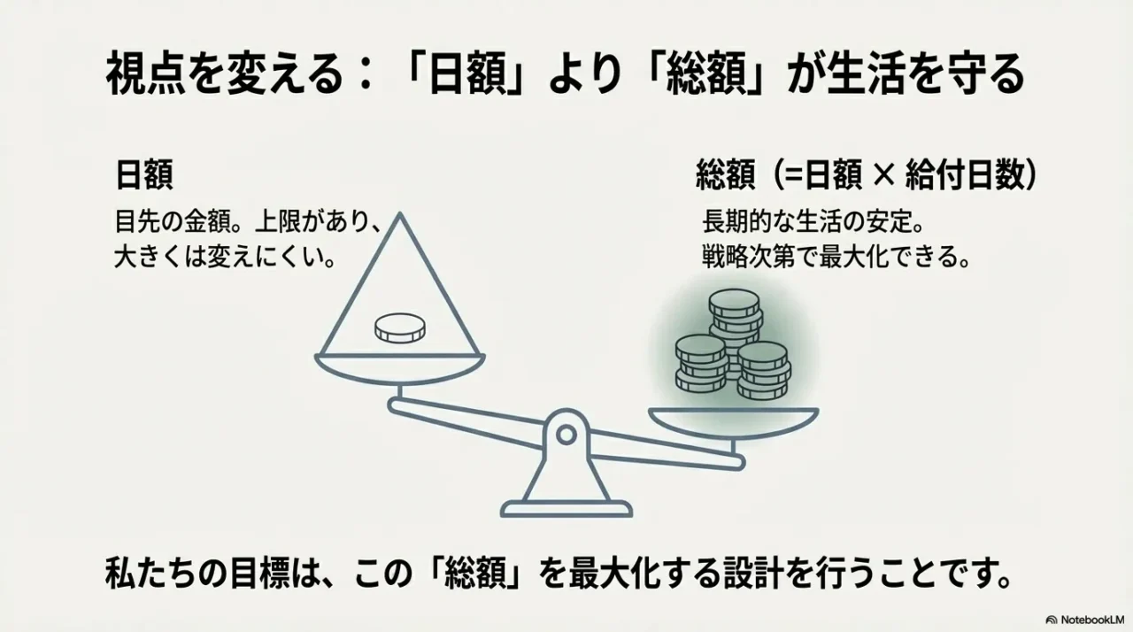 社会保険給付の考え方:変えられない「日額」よりも、給付日数を伸ばして「総額」を最大化する戦略が長期的な生活安定に繋がるという図解