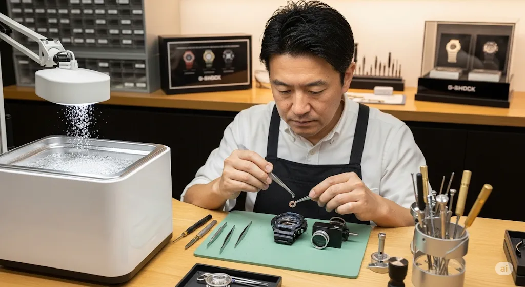 超音波洗浄機でG-SHOCKを洗浄する日本の男性