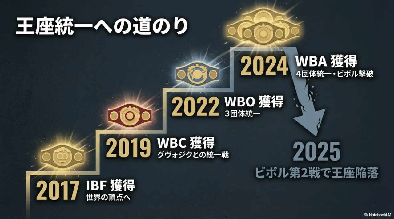 2017年のIBF獲得から2024年の4団体統一までの王座変遷タイムライン