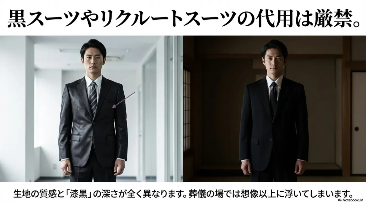 ビジネス用の黒スーツと喪服の黒の深さや質感の違いを並べて比較した男性の画像