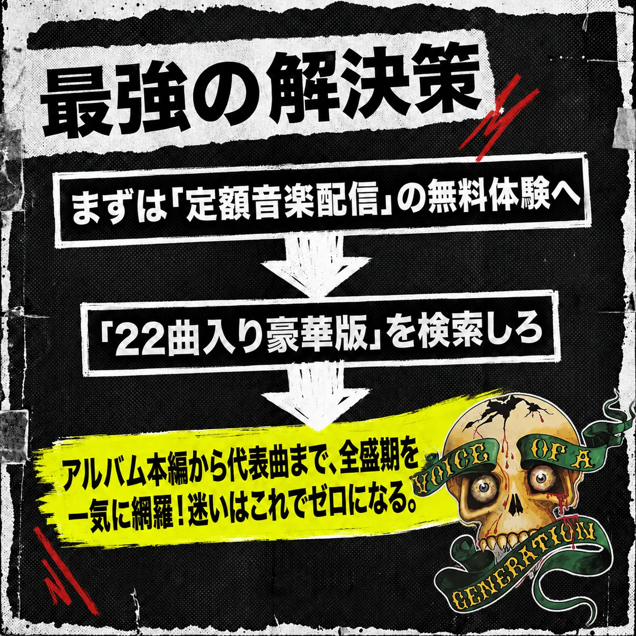 最強の解決策を示すパンクロック風インフォグラフィック。定額音楽配信の無料体験へ申し込み、22曲入り豪華版を検索する手順を矢印で図解。アルバム本編から代表曲まで全盛期を網羅。VOICE OF A GENERATIONのドクロイラスト付き。