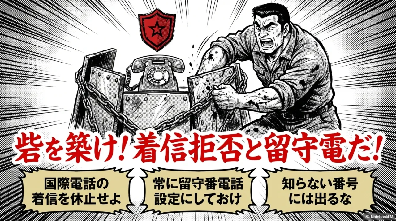 知らない番号には出ず、常に留守番電話設定や国際電話の着信休止設定を利用して身を守るイラスト