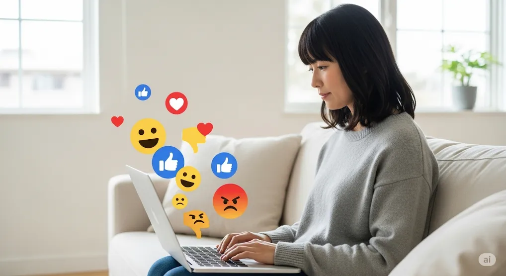 ソファに座ってノートパソコンを操作する日本人女性。画面の周囲には、いいね、ハート、笑顔、不満、怒りなど様々な感情を示す絵文字が浮かんでいる。