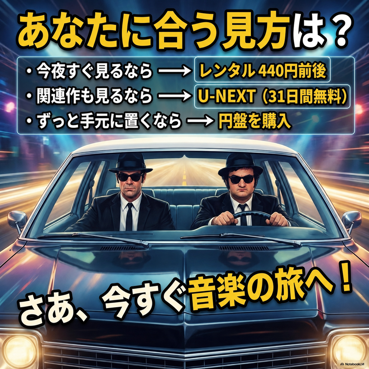 視聴方法の選び方をまとめた図。夜道を走る車に乗った黒スーツの男性二人を背景に、今夜すぐ見るならレンタル、関連作も見るならU-NEXT、手元に置くなら円盤購入という指針が矢印付きで並んでいる。
