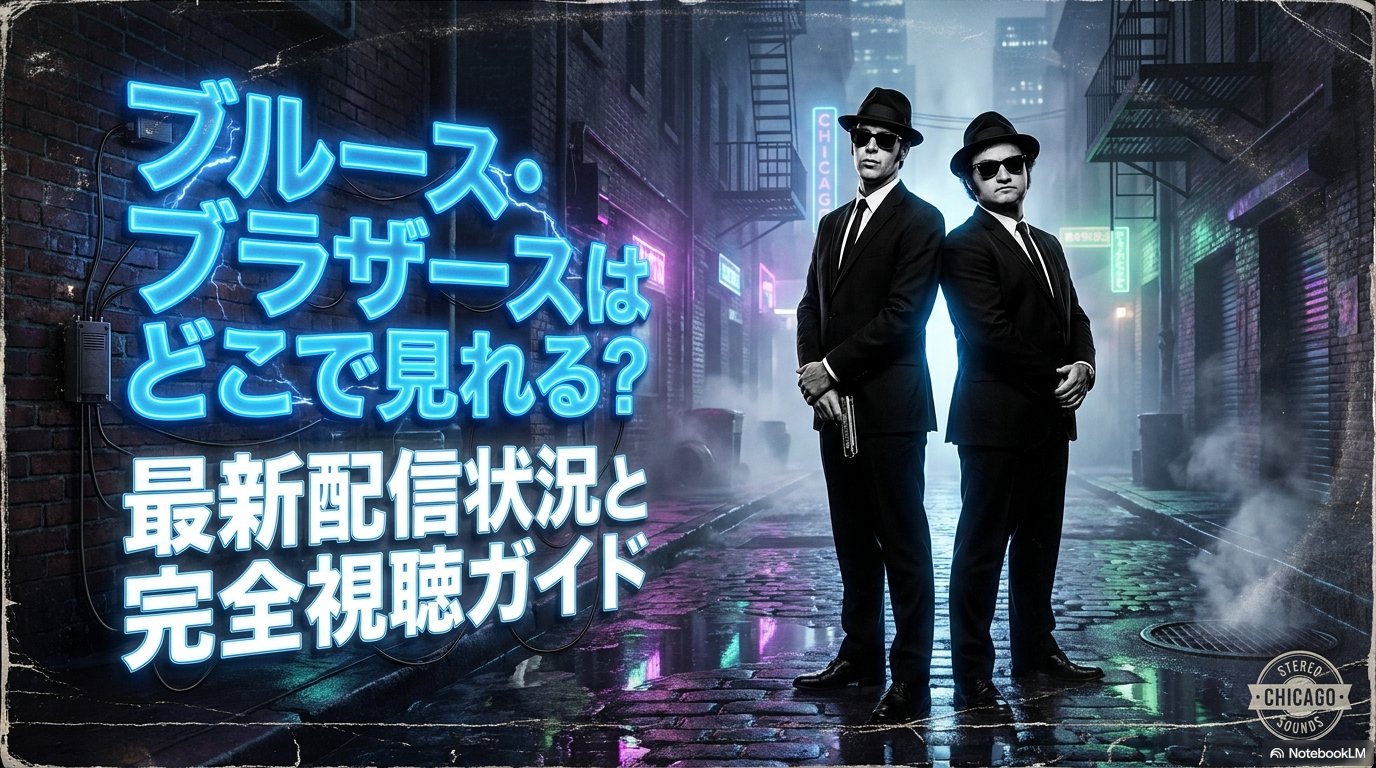 ネオンが灯るシカゴ風の路地に立つ、黒いスーツとサングラス姿の男性二人組。左側に「ブルース・ブラザースはどこで見れる?最新配信状況と完全視聴ガイド」という青いネオン文字が配置されたアイキャッチ画像。