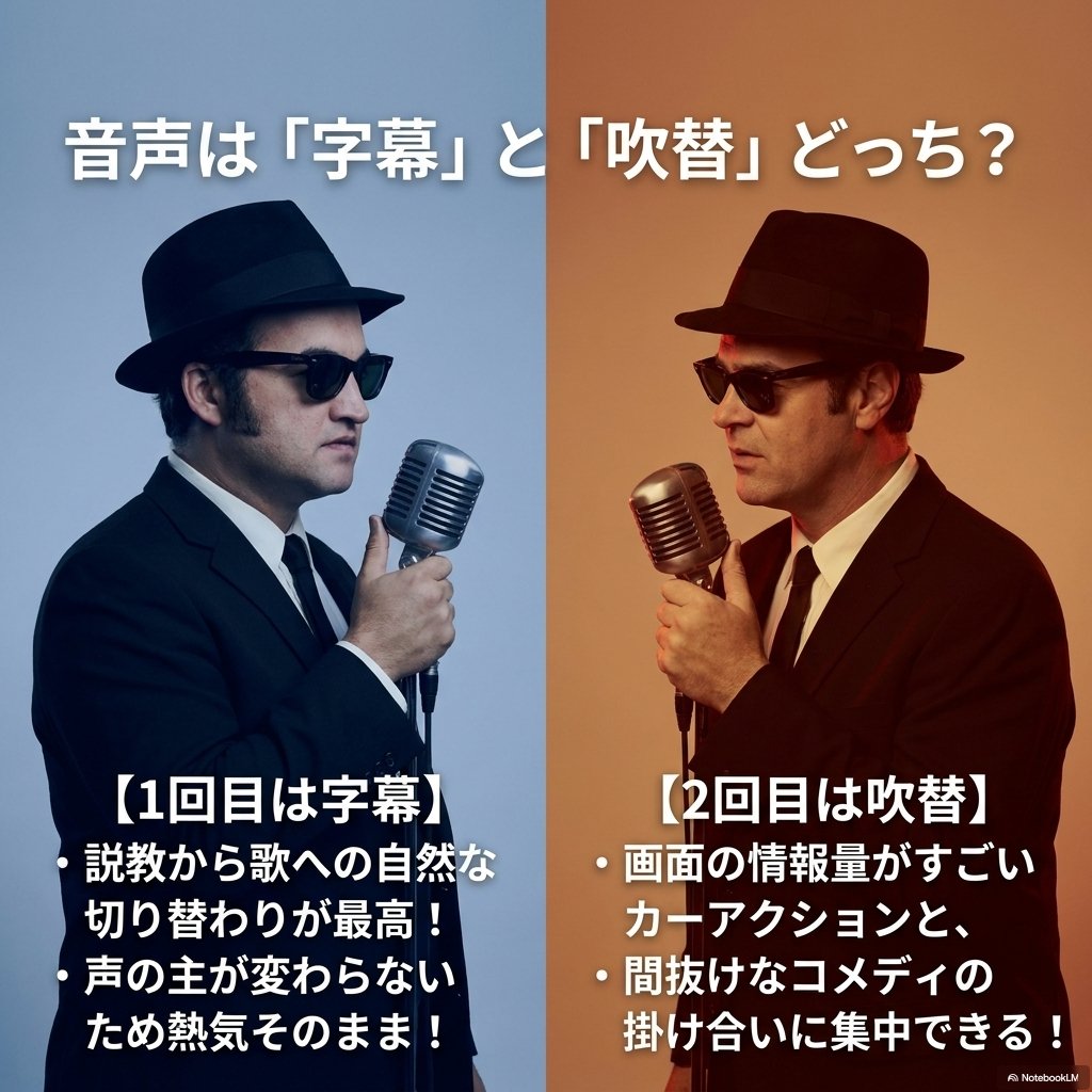 字幕と吹替の選び方を左右で比べた図。マイクに向かう黒スーツの男性を青系と赤系の背景で並べ、一回目は字幕、二回目は吹替を勧める理由がそれぞれ箇条書きで添えられている。