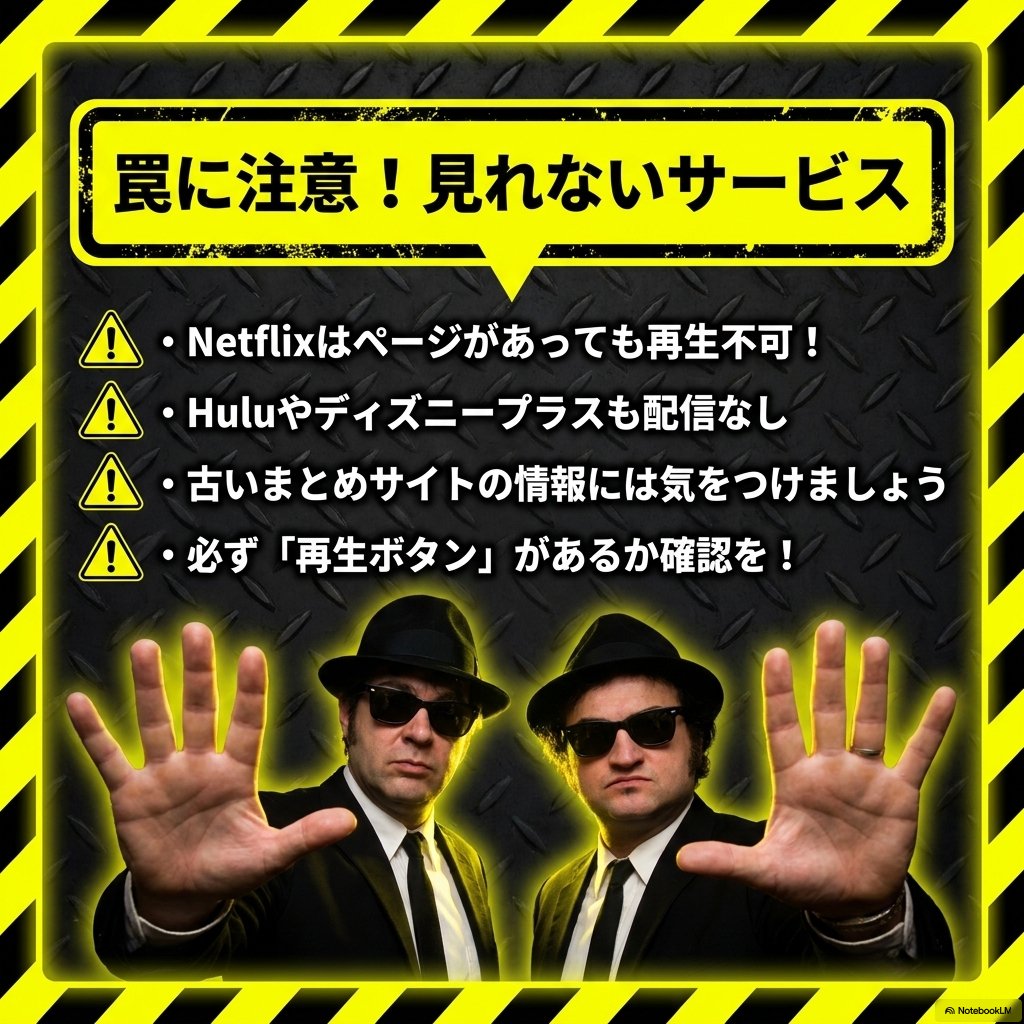 黄色と黒の警告デザインで作られた注意喚起の図。NetflixやHulu、ディズニープラスでは配信がないこと、古いまとめサイトに注意すること、再生ボタンの有無を確認することが列挙され、下部に黒スーツの男性二人が両手を広げて立っている。